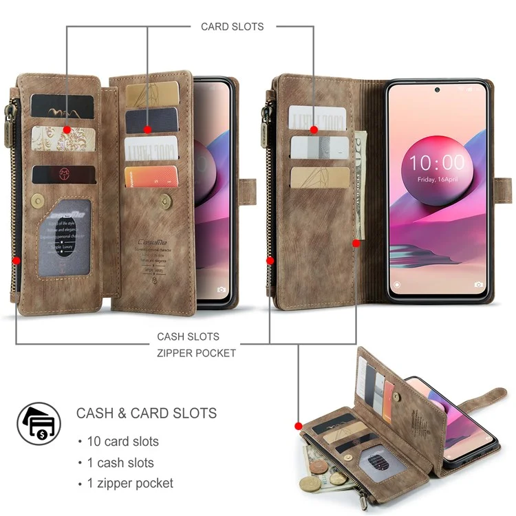 CASEME for Xiaomi Poco M5s 4G / Redmi Note 10 4G / Redmi Note 10S 4G C30 Series Zipper Pocket Wallet Cellphone Guard Cover, Stand Design PU Leather Phone Case - Brown