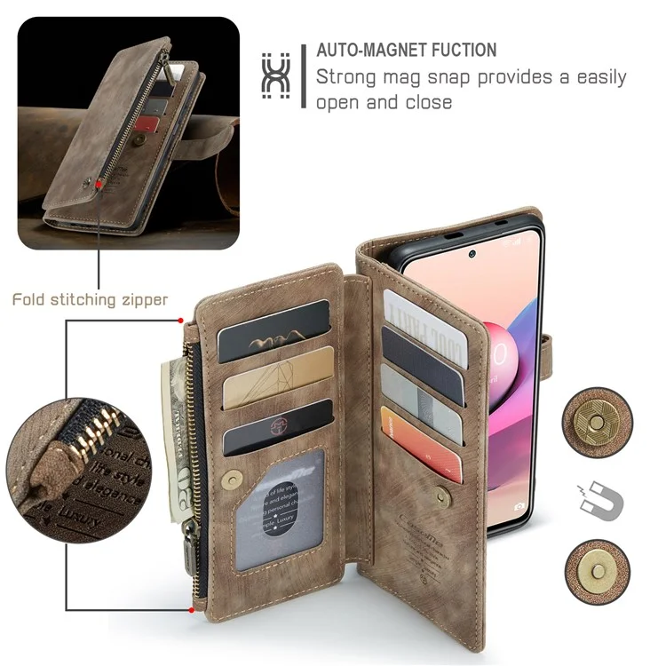 CASEME for Xiaomi Poco M5s 4G / Redmi Note 10 4G / Redmi Note 10S 4G C30 Series Zipper Pocket Wallet Cellphone Guard Cover, Stand Design PU Leather Phone Case - Brown