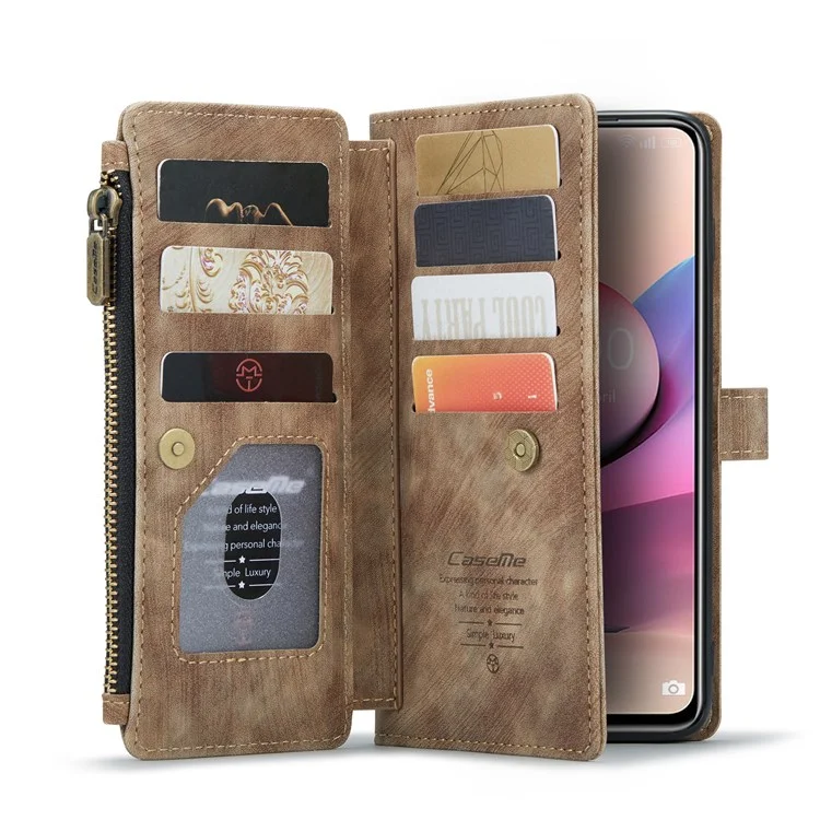 CASEME for Xiaomi Poco M5s 4G / Redmi Note 10 4G / Redmi Note 10S 4G C30 Series Zipper Pocket Wallet Cellphone Guard Cover, Stand Design PU Leather Phone Case - Brown