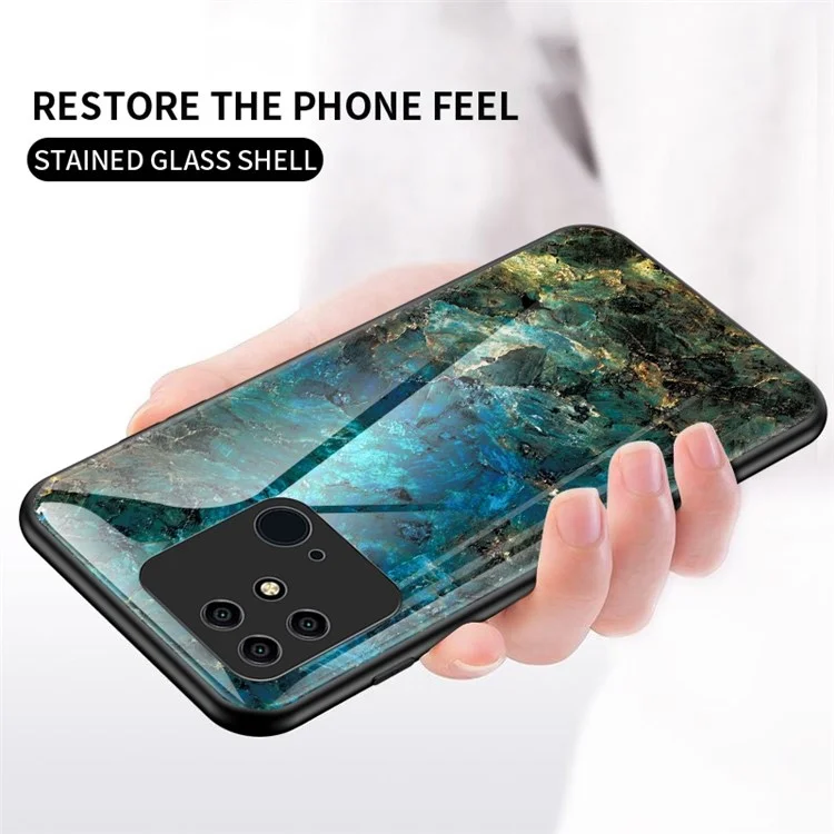 Copertura in vetro temperato con motivo marmorizzato per Xiaomi Redmi 10C, custodia per telefono cellulare con motivo a sfioramento amichevole per la pelle - Marmo smeraldo 