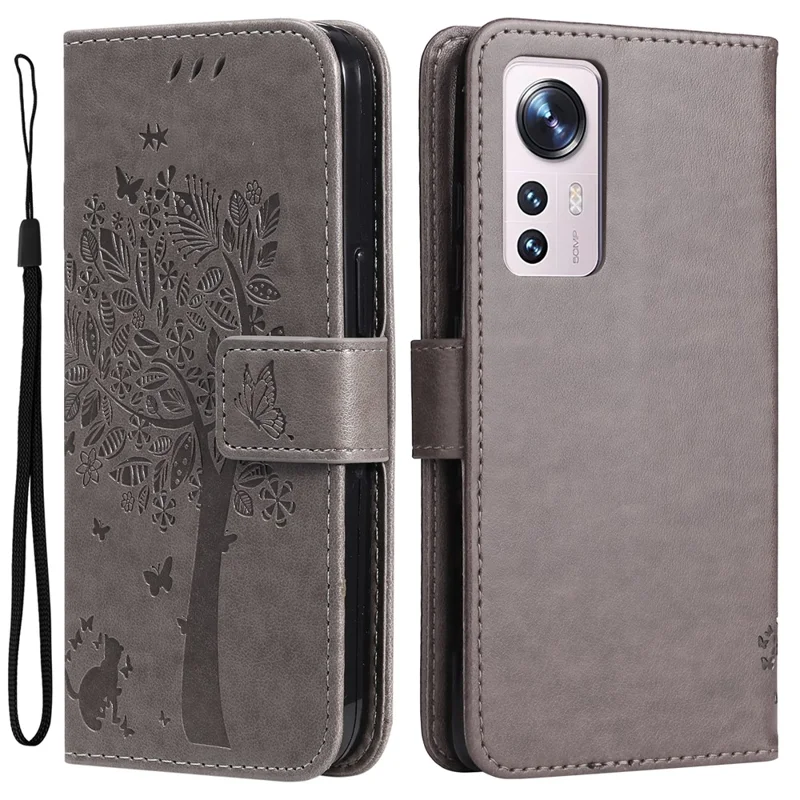 For Xiaomi 12/12X/12S 5G KT Imprinting Flower Series-3 PU Leather Case, Cat Tree Pattern Imprinted Book Style Stand Wallet Phone Cover with Strap - Grey