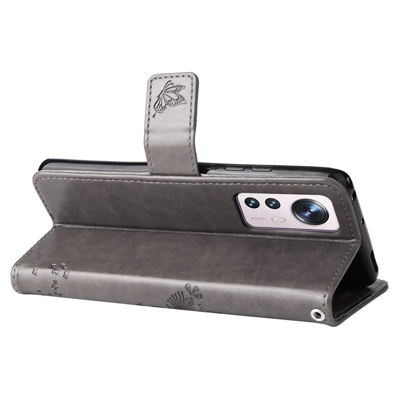 For Xiaomi 12/12X/12S 5G KT Imprinting Flower Series-3 PU Leather Case, Cat Tree Pattern Imprinted Book Style Stand Wallet Phone Cover with Strap - Grey