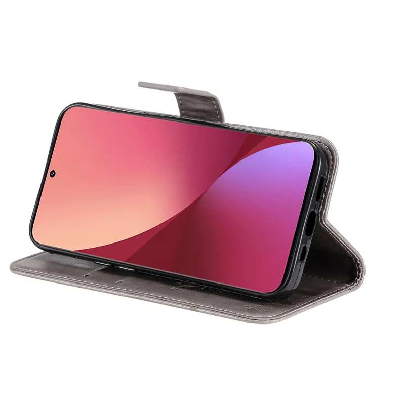 For Xiaomi 12/12X/12S 5G KT Imprinting Flower Series-3 PU Leather Case, Cat Tree Pattern Imprinted Book Style Stand Wallet Phone Cover with Strap - Grey