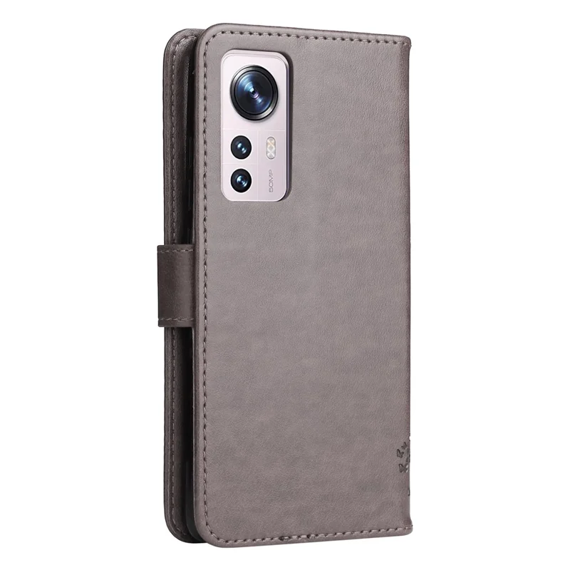For Xiaomi 12/12X/12S 5G KT Imprinting Flower Series-3 PU Leather Case, Cat Tree Pattern Imprinted Book Style Stand Wallet Phone Cover with Strap - Grey