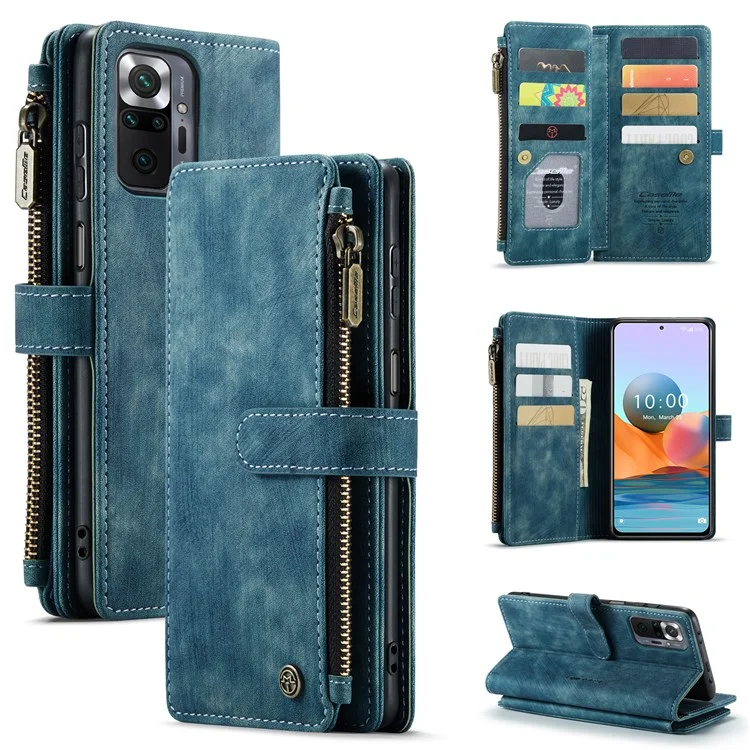 CASEME for Xiaomi Redmi Note 10 Pro 4G (Global)/(India)/Note 10 Pro Max C30 Series Shock Absorption Zipper Pocket Wallet Cover, Stand Design PU Leather Phone Case - Blue