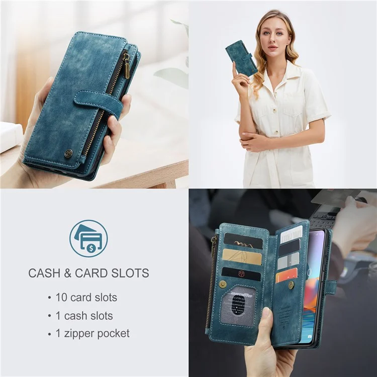 CASEME for Xiaomi Redmi Note 10 Pro 4G (Global)/(India)/Note 10 Pro Max C30 Series Shock Absorption Zipper Pocket Wallet Cover, Stand Design PU Leather Phone Case - Blue