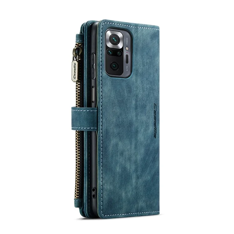 CASEME for Xiaomi Redmi Note 10 Pro 4G (Global)/(India)/Note 10 Pro Max C30 Series Shock Absorption Zipper Pocket Wallet Cover, Stand Design PU Leather Phone Case - Blue