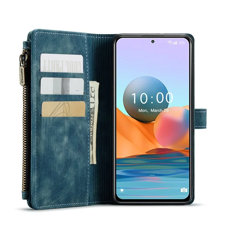 CASEME for Xiaomi Redmi Note 10 Pro 4G (Global)/(India)/Note 10 Pro Max C30 Series Shock Absorption Zipper Pocket Wallet Cover, Stand Design PU Leather Phone Case - Blue