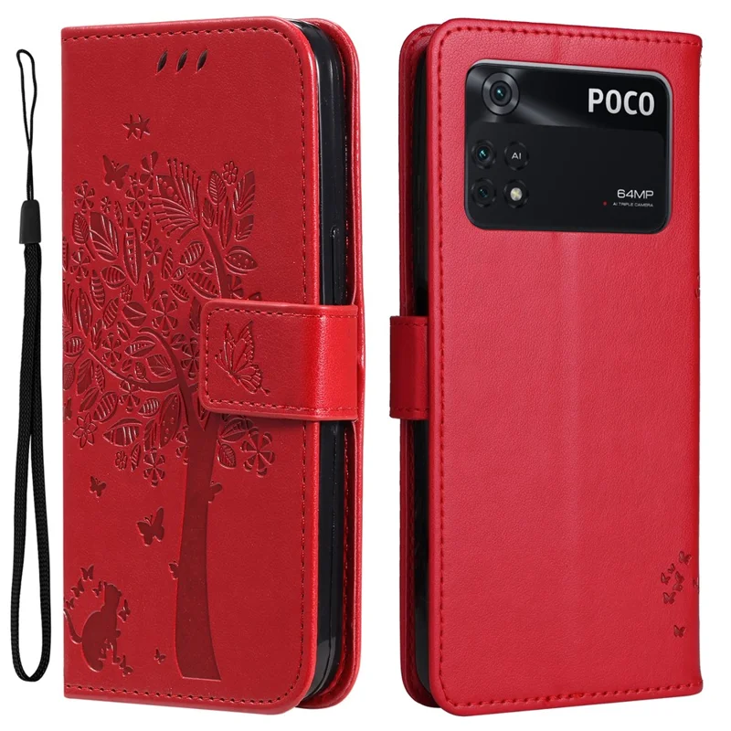 For Xiaomi Poco M4 Pro KT Imprinting Flower Series-3 PU Leather Case, Cat Tree Pattern Imprinted Foldable Stand Wallet Phone Cover with Strap - Red