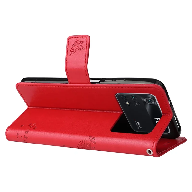 For Xiaomi Poco M4 Pro KT Imprinting Flower Series-3 PU Leather Case, Cat Tree Pattern Imprinted Foldable Stand Wallet Phone Cover with Strap - Red