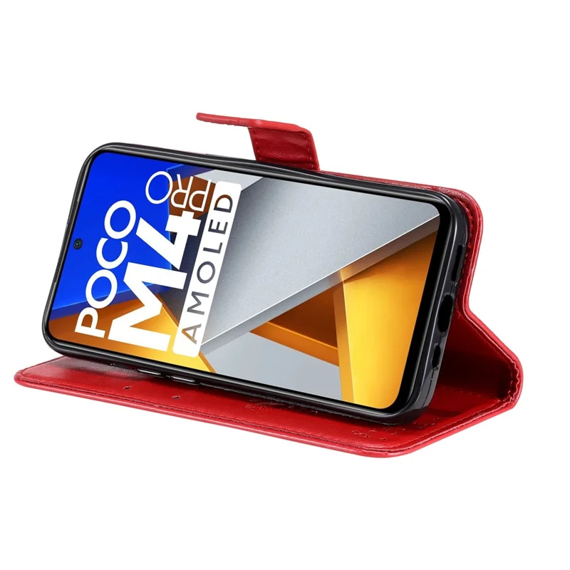 For Xiaomi Poco M4 Pro KT Imprinting Flower Series-3 PU Leather Case, Cat Tree Pattern Imprinted Foldable Stand Wallet Phone Cover with Strap - Red