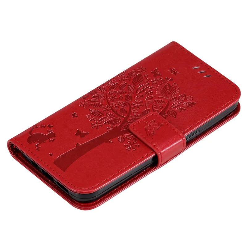 For Xiaomi Poco M4 Pro KT Imprinting Flower Series-3 PU Leather Case, Cat Tree Pattern Imprinted Foldable Stand Wallet Phone Cover with Strap - Red