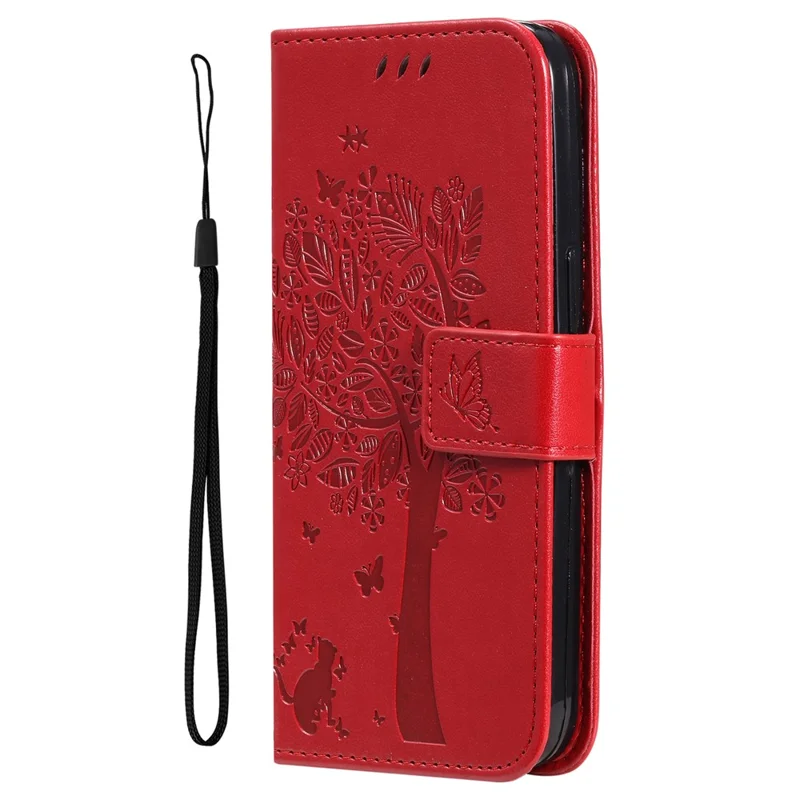For Xiaomi Poco M4 Pro KT Imprinting Flower Series-3 PU Leather Case, Cat Tree Pattern Imprinted Foldable Stand Wallet Phone Cover with Strap - Red