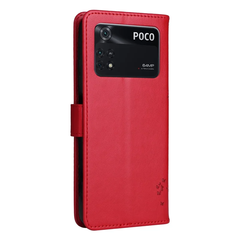 For Xiaomi Poco M4 Pro KT Imprinting Flower Series-3 PU Leather Case, Cat Tree Pattern Imprinted Foldable Stand Wallet Phone Cover with Strap - Red