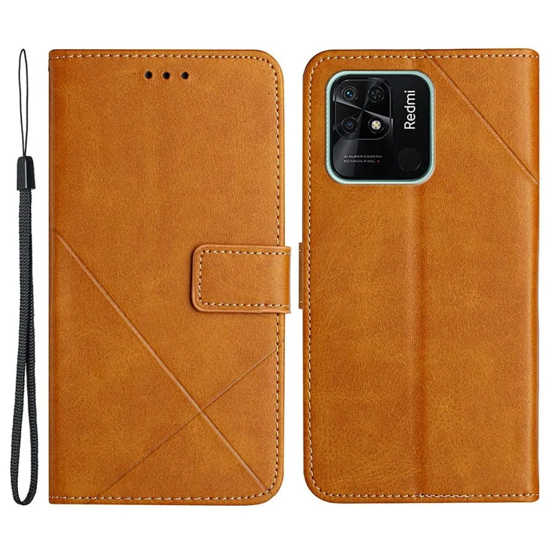 Line Imprinting PU Leather Phone Shell for Xiaomi Redmi 10C 4G Solid Color Magnetic Clasp Folio Flip Wallet Stand Phone Case - Brown