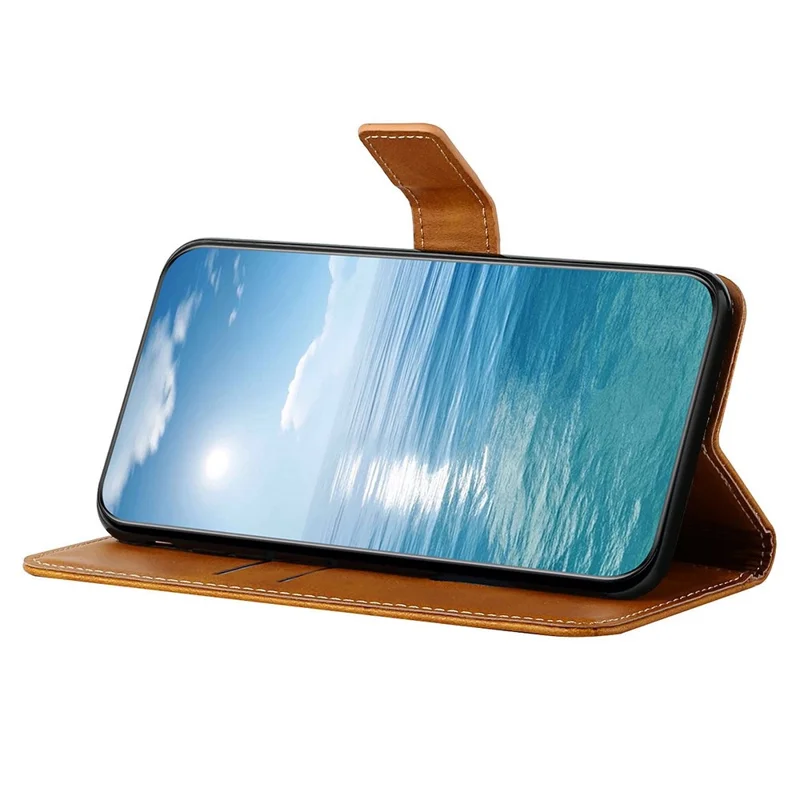 Line Imprinting PU Leather Phone Shell for Xiaomi Redmi 10C 4G Solid Color Magnetic Clasp Folio Flip Wallet Stand Phone Case - Brown