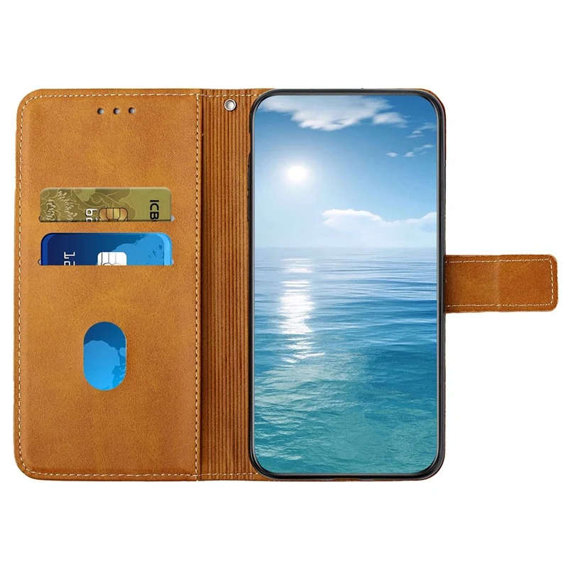 Line Imprinting PU Leather Phone Shell for Xiaomi Redmi 10C 4G Solid Color Magnetic Clasp Folio Flip Wallet Stand Phone Case - Brown