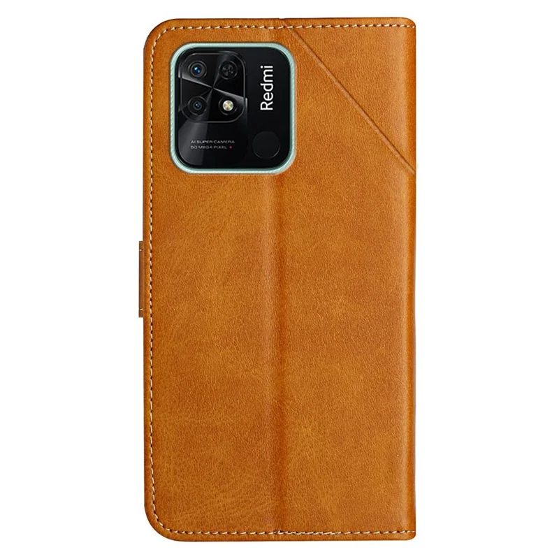 Line Imprinting PU Leather Phone Shell for Xiaomi Redmi 10C 4G Solid Color Magnetic Clasp Folio Flip Wallet Stand Phone Case - Brown