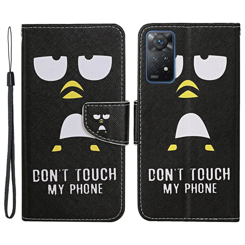 Pattern-Printing Leather Case for Xiaomi Redmi Note 11 Pro 4G (MediaTek)/Note 11 Pro 5G (Qualcomm), Cross Texture Leather Phone Shell with Strap Wallet and Stand - Black Penguin