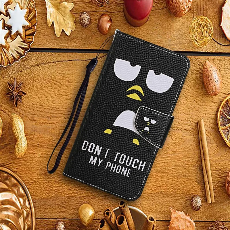 Pattern-Printing Leather Case for Xiaomi Redmi Note 11 Pro 4G (MediaTek)/Note 11 Pro 5G (Qualcomm), Cross Texture Leather Phone Shell with Strap Wallet and Stand - Black Penguin