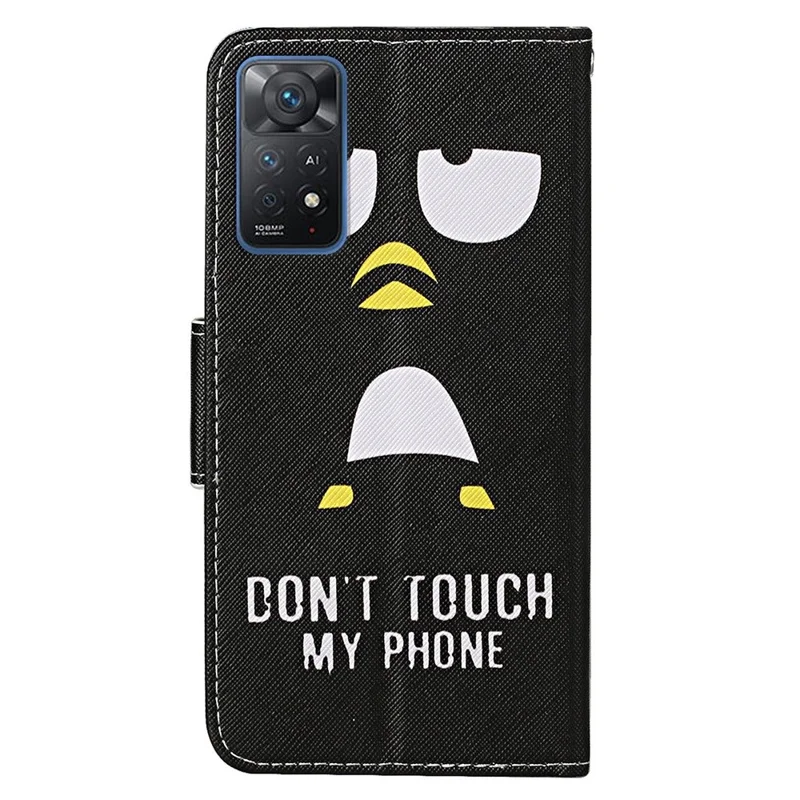 Pattern-Printing Leather Case for Xiaomi Redmi Note 11 Pro 4G (MediaTek)/Note 11 Pro 5G (Qualcomm), Cross Texture Leather Phone Shell with Strap Wallet and Stand - Black Penguin