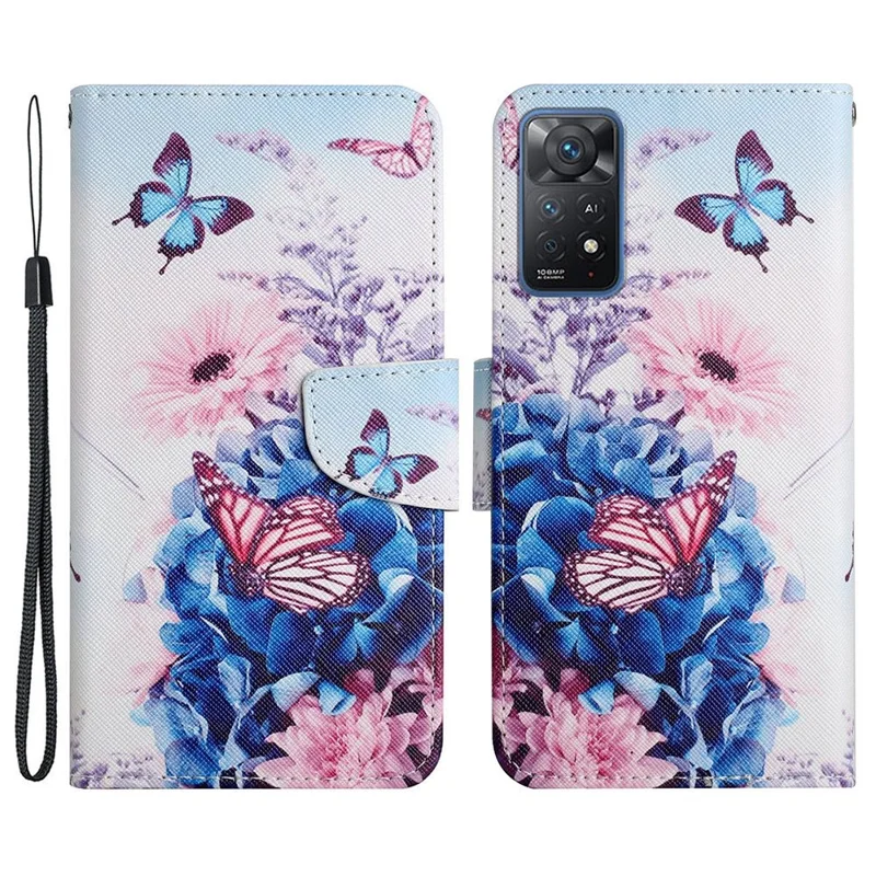 Pattern-Printing Leather Case for Xiaomi Redmi Note 11 Pro 4G (MediaTek)/Note 11 Pro 5G (Qualcomm), Cross Texture Leather Phone Shell with Strap Wallet and Stand - Butterflies and Blue Flowers