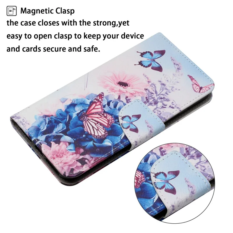 Pattern-Printing Leather Case for Xiaomi Redmi Note 11 Pro 4G (MediaTek)/Note 11 Pro 5G (Qualcomm), Cross Texture Leather Phone Shell with Strap Wallet and Stand - Butterflies and Blue Flowers