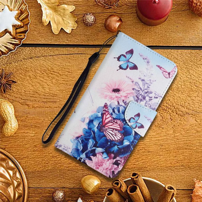 Pattern-Printing Leather Case for Xiaomi Redmi Note 11 Pro 4G (MediaTek)/Note 11 Pro 5G (Qualcomm), Cross Texture Leather Phone Shell with Strap Wallet and Stand - Butterflies and Blue Flowers