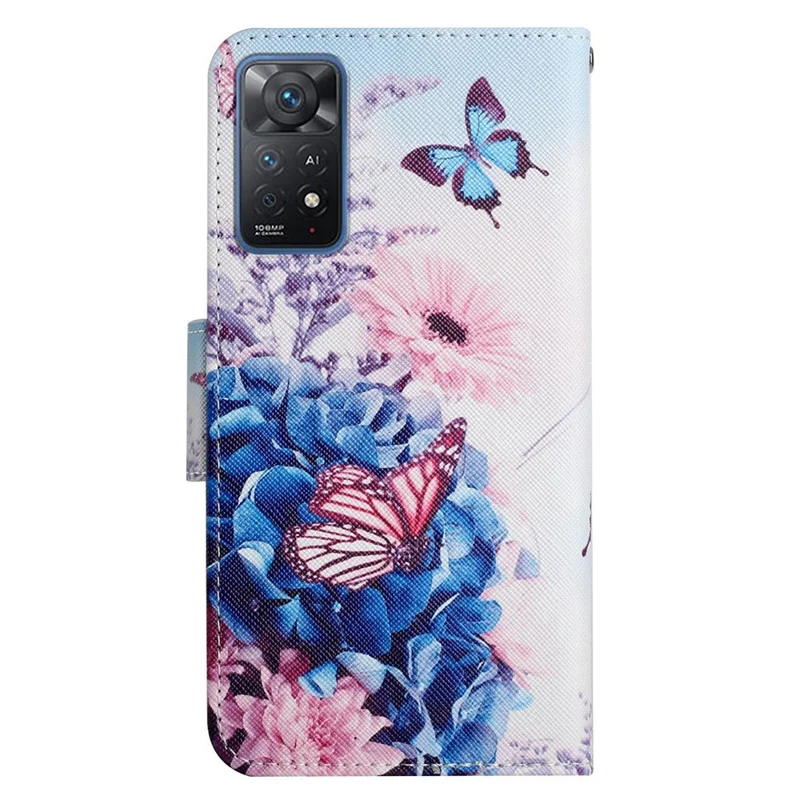 Pattern-Printing Leather Case for Xiaomi Redmi Note 11 Pro 4G (MediaTek)/Note 11 Pro 5G (Qualcomm), Cross Texture Leather Phone Shell with Strap Wallet and Stand - Butterflies and Blue Flowers