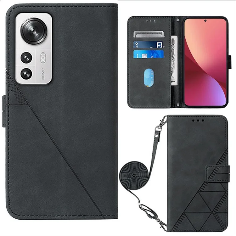 For Xiaomi 12 / 12X / 12S 5G Leather Case with Shoulder Strap Wallet Stand Phone Cover - Black