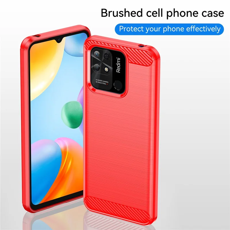 For Xiaomi Redmi 10C 4G Carbon Fiber Texture Brushed Surface 1.8mm TPU Back Cover Mobile Phone Case - Red