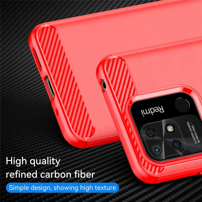 For Xiaomi Redmi 10C 4G Carbon Fiber Texture Brushed Surface 1.8mm TPU Back Cover Mobile Phone Case - Red