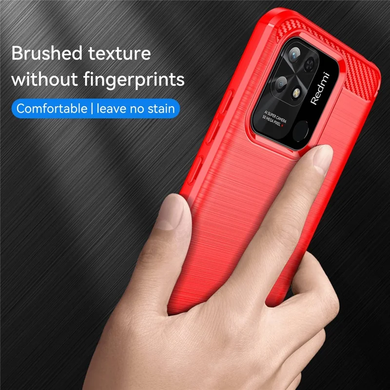 For Xiaomi Redmi 10C 4G Carbon Fiber Texture Brushed Surface 1.8mm TPU Back Cover Mobile Phone Case - Red