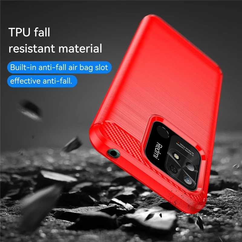 For Xiaomi Redmi 10C 4G Carbon Fiber Texture Brushed Surface 1.8mm TPU Back Cover Mobile Phone Case - Red