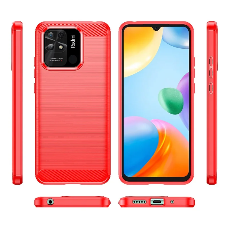 For Xiaomi Redmi 10C 4G Carbon Fiber Texture Brushed Surface 1.8mm TPU Back Cover Mobile Phone Case - Red