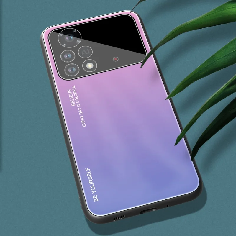 For Xiaomi Poco X4 Pro 5G Shockproof Protective Shell, Gradient Color Tempered Glass Back + Soft TPU Edge Phone Case - Pink/Purple