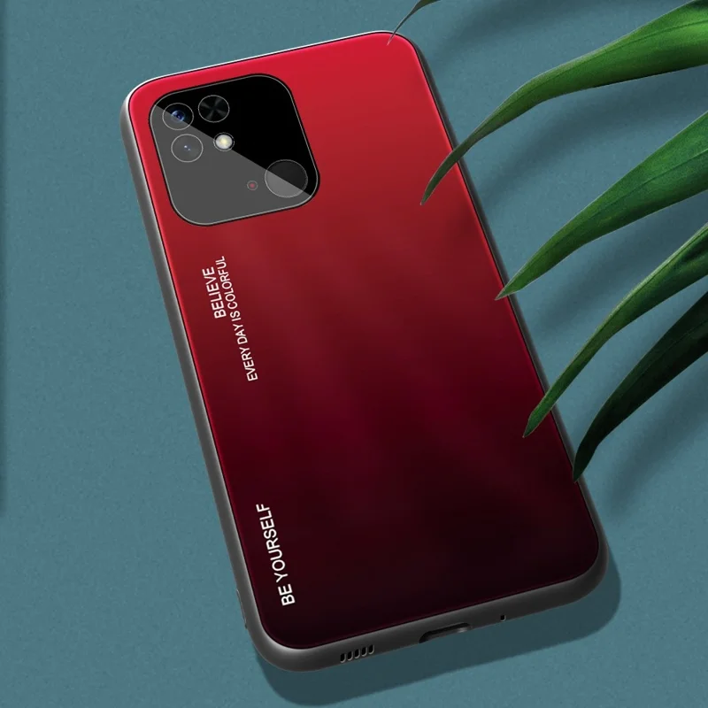 For Xiaomi Redmi 10C 4G Mobile Phone Guard Gradient Color Tempered Glass Back + Soft TPU Edge Case - Red / Black
