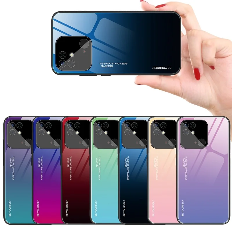 For Xiaomi Redmi 10C 4G Mobile Phone Guard Gradient Color Tempered Glass Back + Soft TPU Edge Case - Red / Black