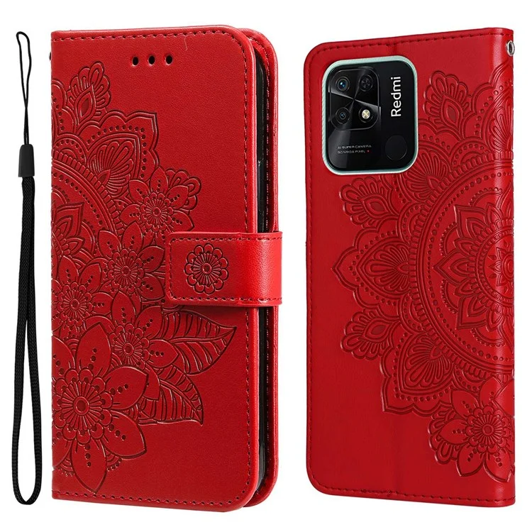 For Xiaomi Redmi 10C 4G / Redmi 10 (India) Strap Design Anti-Fall Flower Imprinting Wallet Leather Stand Magnetic Phone Case - Red