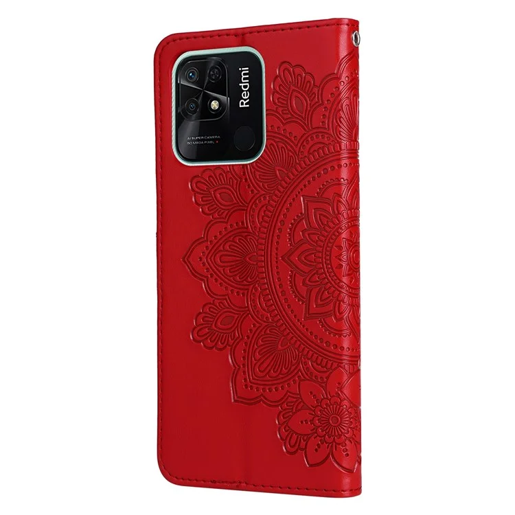 For Xiaomi Redmi 10C 4G / Redmi 10 (India) Strap Design Anti-Fall Flower Imprinting Wallet Leather Stand Magnetic Phone Case - Red