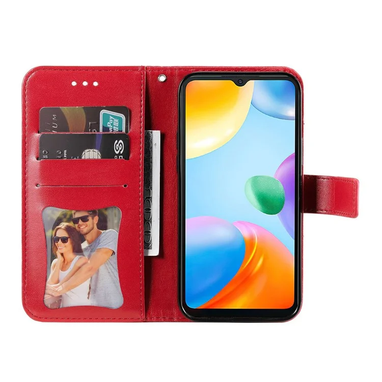 For Xiaomi Redmi 10C 4G / Redmi 10 (India) Strap Design Anti-Fall Flower Imprinting Wallet Leather Stand Magnetic Phone Case - Red