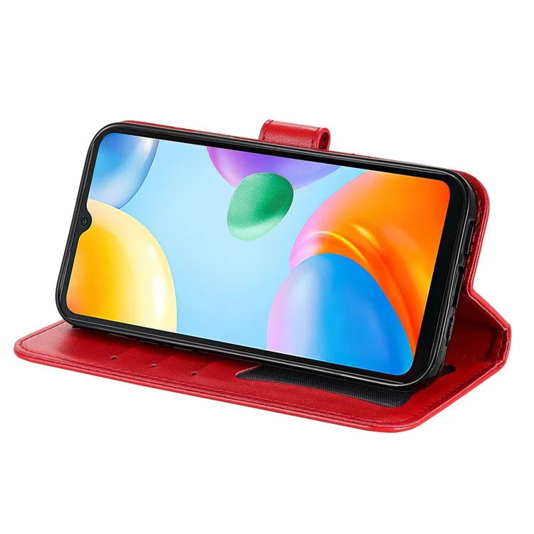 For Xiaomi Redmi 10C 4G / Redmi 10 (India) Strap Design Anti-Fall Flower Imprinting Wallet Leather Stand Magnetic Phone Case - Red