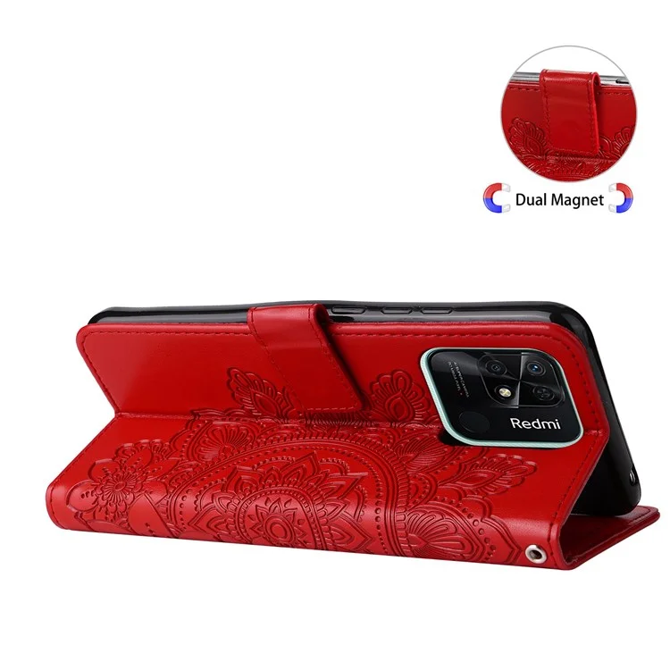 For Xiaomi Redmi 10C 4G / Redmi 10 (India) Strap Design Anti-Fall Flower Imprinting Wallet Leather Stand Magnetic Phone Case - Red