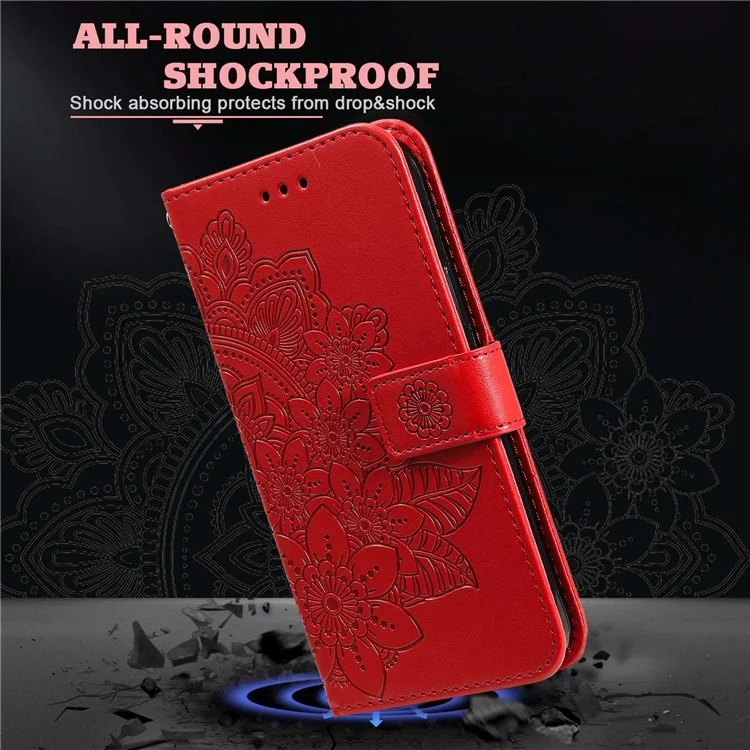 For Xiaomi Redmi 10C 4G / Redmi 10 (India) Strap Design Anti-Fall Flower Imprinting Wallet Leather Stand Magnetic Phone Case - Red