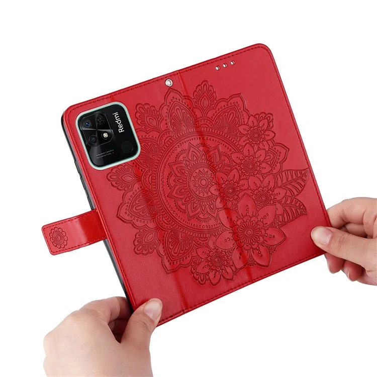 For Xiaomi Redmi 10C 4G / Redmi 10 (India) Strap Design Anti-Fall Flower Imprinting Wallet Leather Stand Magnetic Phone Case - Red