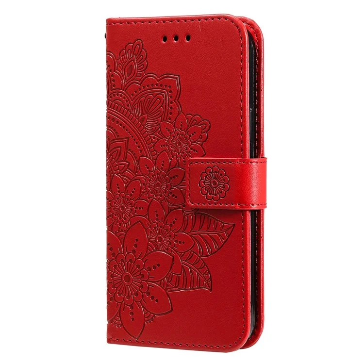 For Xiaomi Redmi 10C 4G / Redmi 10 (India) Strap Design Anti-Fall Flower Imprinting Wallet Leather Stand Magnetic Phone Case - Red