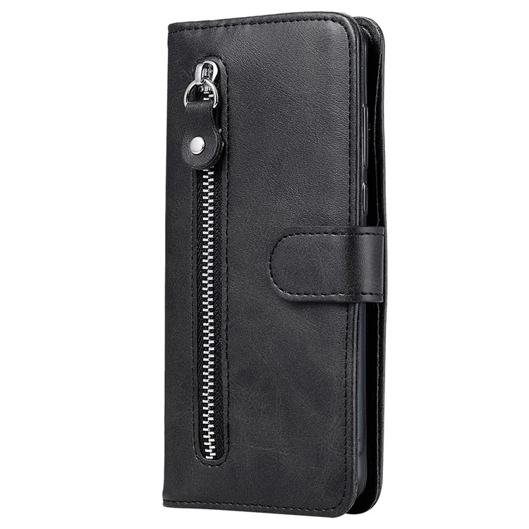 Pour Xiaomi Redmi 10C/Redmi 10 (Inde) Étui portefeuille en cuir avec fermeture éclair Fermeture magnétique Support antichoc Housse de protection à rabat - Noir