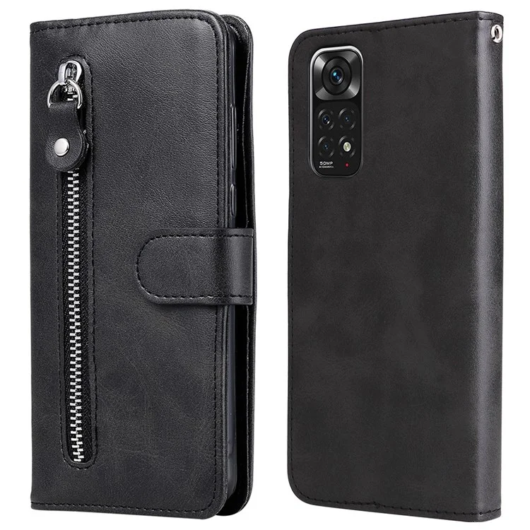 For Xiaomi Redmi Note 11 4G (Qualcomm)/Redmi Note 11S 4G Magnetic Clasp Phone Cover Shell Zipper Pocket Shockproof Flip Wallet Phone Case - Black