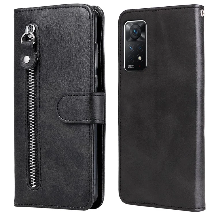 For Xiaomi Redmi Note 12 Pro 4G / 11 Pro 4G (MediaTek) / Note 11 Pro 5G (Qualcomm) PU Leather Cell Phone Bag Case Magnetic Clasp Zipper Pocket Wallet Phone Cover - Black