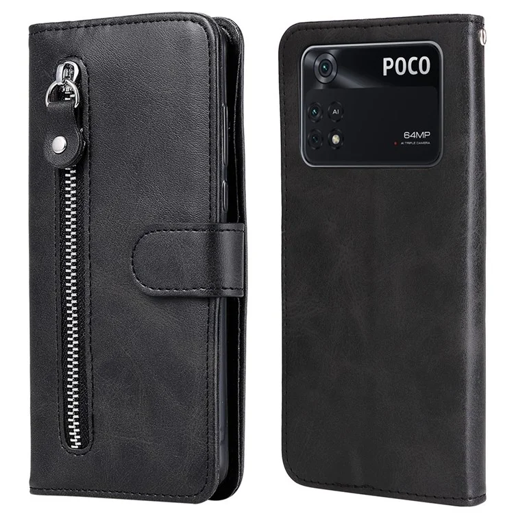 Für Xiaomi Poco M4 Pro Wallet Ständer Feature PU Leder Telefon Hülle Magnetische Verschluss Reißverschluss Taschenpocket Schockdcover - Schwarz